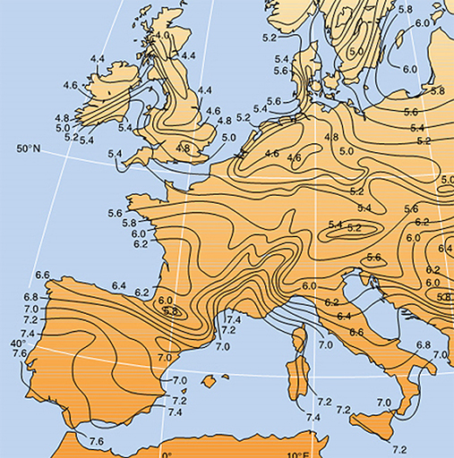 Solar radiation on horizontal surface (kWh per square metre per day) in Europe in July