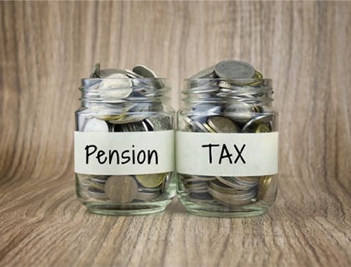 The figure shows two jam jars full of coins. On one jar is a label saying ‘pension’, on the other is a label saying ‘tax’.