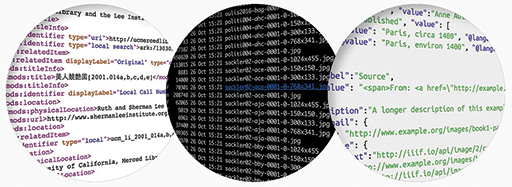 There are three circles, featuring coded text.