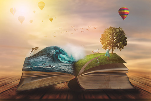 This image is an illustration of an open book. Coming out of the pages on the left, is an ocean with dolphins jumping out alongside a huge wave. On the right page, there is grass, a path and a tree, aswell as a child with their hands in the air, a horse and a rabbit. In the background there are birds and hot air balloons.