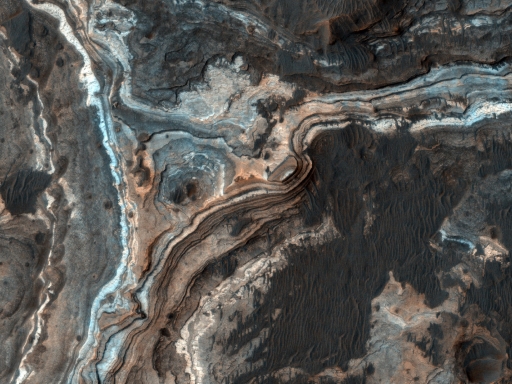 This figure is a photograph taken from Mars orbit. The main feature is a series of parallel, wavy lines representing a channel, that that track upwards from the bottom of the image to roughly the middle of the image. In the middle there is a roughly circular feature. Further channels extend from that feature upwards and to the right. The centre of the channels are coloured blue, and the outer edges are greys and browns. All other areas are darker grey colours and varying shades.