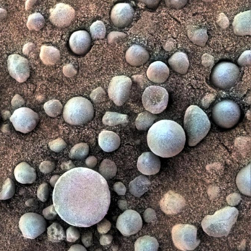 This figure is a photograph taken by the Opportunity rover. It shows small spherical pebbles sitting on a fine grained surface. The pebbles are coloured light blues and greys, and the surface underneath is an orange hue.