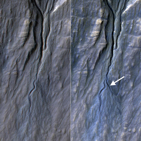 This figure consists of two photographs of the same area of Mars side by side. Both show a v-shaped channel at the top with a single channel extending from the point of the v, downwards towards the bottom of the image. On the right hand image, a second channel is evident, branching off in a different direction from the original channel.