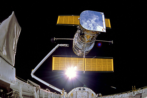 A photograph of the Hubble Space Telescope.