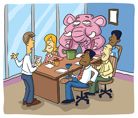 Cartoon showing people and an elephant around a desk