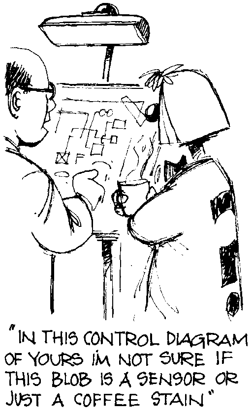 A cartoon of two people looking at a diagram.
