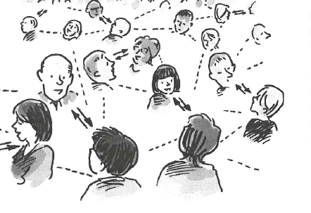 A cartoon of people who are connected by dotted lines or arrows.