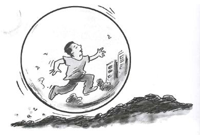 A cartoon of a man running. He is contained in a bubble.