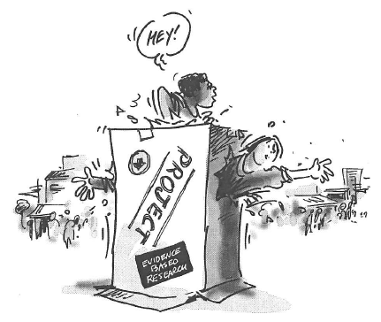 A cartoon with a two people coming out of a cardboard box.
