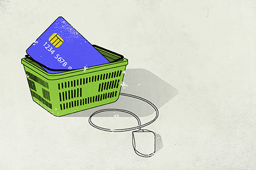 The image shows a credit card in a shopping basket, connected to a mouse from a computer.