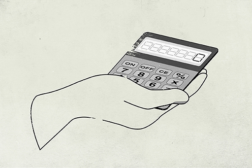 An illustration of a hand holding a calculator.