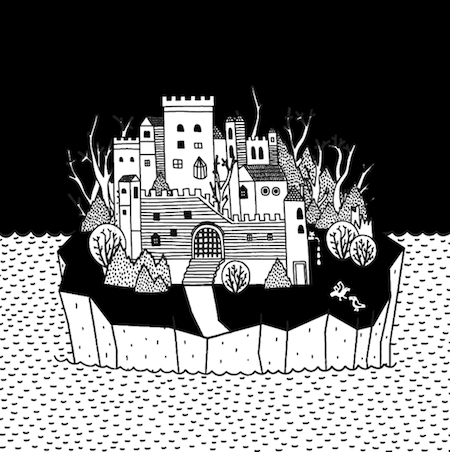Black and white illustration of a castle surrounded by trees with a tower in the centre. Dot like dashes create a sea around the island the castle is on top of.