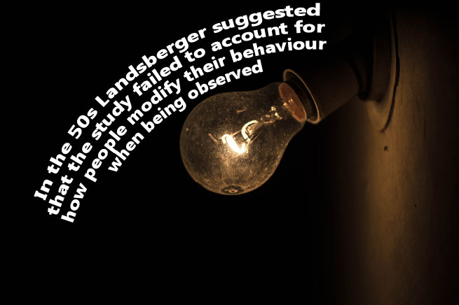 A switched on lightbulb hangs from a wall on the right side of the picture, so that the centre of the image is lit up. The background is black and there is text that says "in the 50s, Landsberger said that the study failed to account for how people modify their behaviour when being observed".