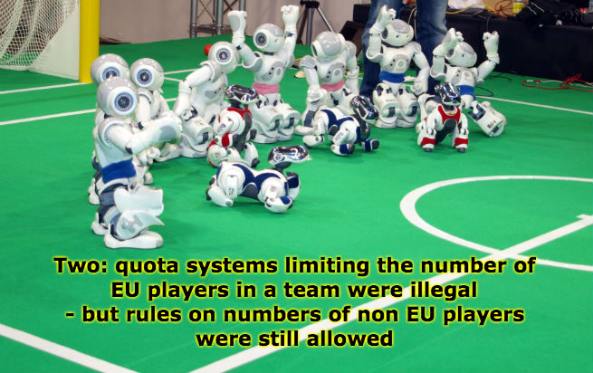 Mini robots with cameras for heads are positioned as if celebrating. They are white and grey and some have blue on and some have pink on. They appear to be stood on a Subuteo pitch with a yellow goal post in the top left-hand corner.