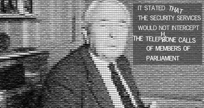 A grainer version of the previous photograph of Harold Wilson, where the image looks like it has a brickwork pattern on it. There is a darker shaded box in the top right-hand corner and white text within it says "it stated that the security service would not intercept the telephone calls of members of Parliament".