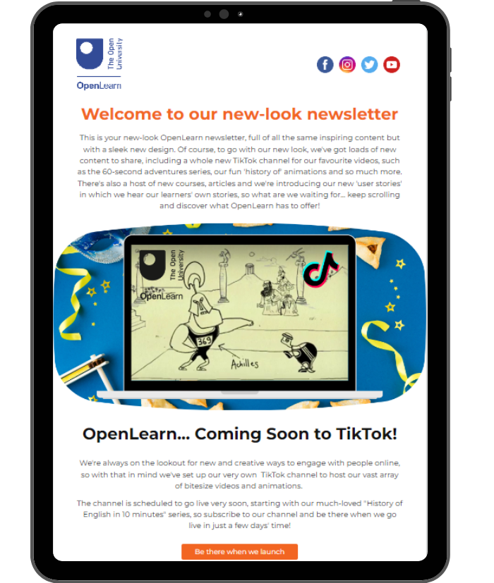 OpenLearn newsletter on a tablet