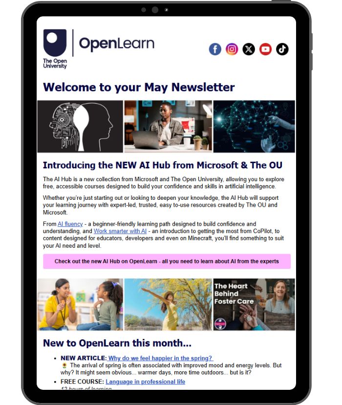 OpenLearn newsletter on a tablet