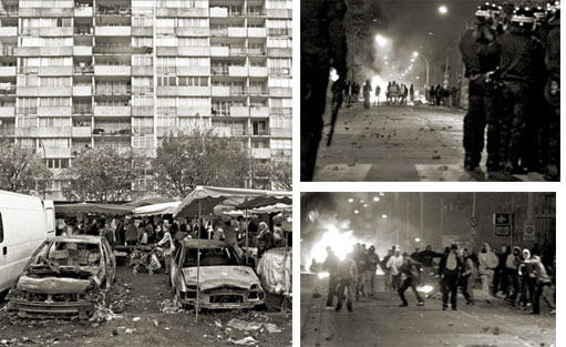 Figure 5 Wreckage of two cars in a market in Clichy-sous-Bois, Paris, following riots in October 2005; and youths rioting in Clichy-sous-Bois, 28 and 29 October 2005