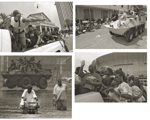 Figure 4 Images of armed police on patrol in New Orleans contrast sharply with other images showing victims of the floods struggling to cope with the devastation wrought by Katrina