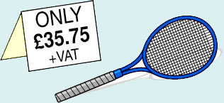Tennis racket next to a folded card with the text 'only £35.75 +VAT'