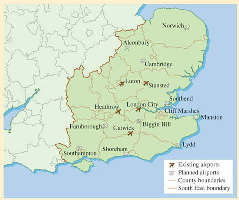 Figure 11 Location of existing and planned airports within the South East of England according to SERAS, also showing the county boundaries within which these are situated