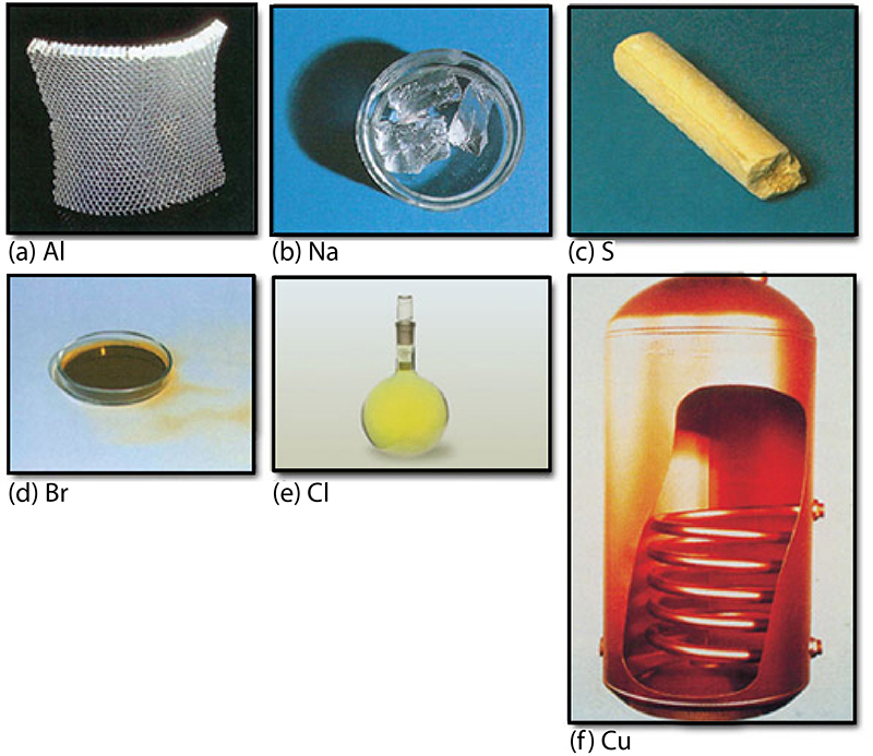 A composite of six images showing chemical elements, displayed in two rows of three.