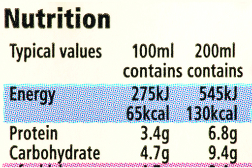 Image of a nutrition label, with the energy, protein and carbohydrate values shown.