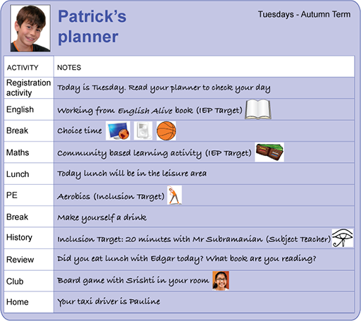 An image of a boy's planner with the heading 'Tuesdays - Autumn Term'.