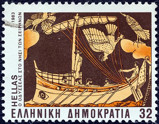 An old postage stamp featuring Odysseus and the Sirens from Greek Mythology.