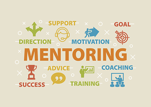 The word mentoring is surrounded by other relevant words and line drawings.