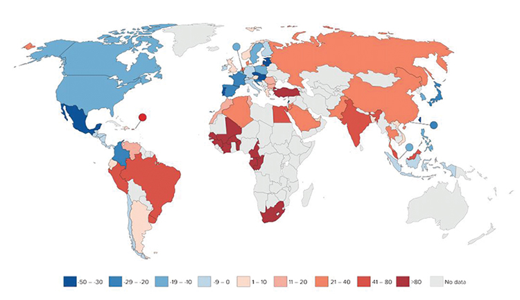 A schematic world map showing percentage change in antibiotic consumption per capita 2000–2010.