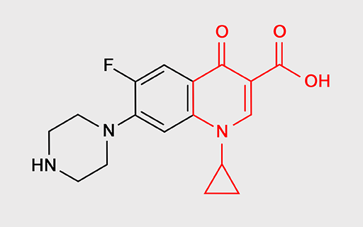 An image of the chemical structure of the fluorquinolone ciprofloxacin.