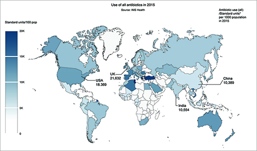 A world map coloured to reflect the worldwide use of antibiotics in 2015.