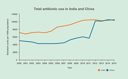 A line graph of the antibiotic use in China and India between 2000 and 2015.