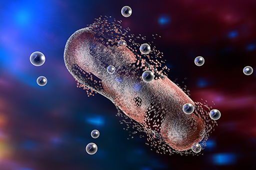 An artist’s impression of silver nanoparticles destroying a bacterium.