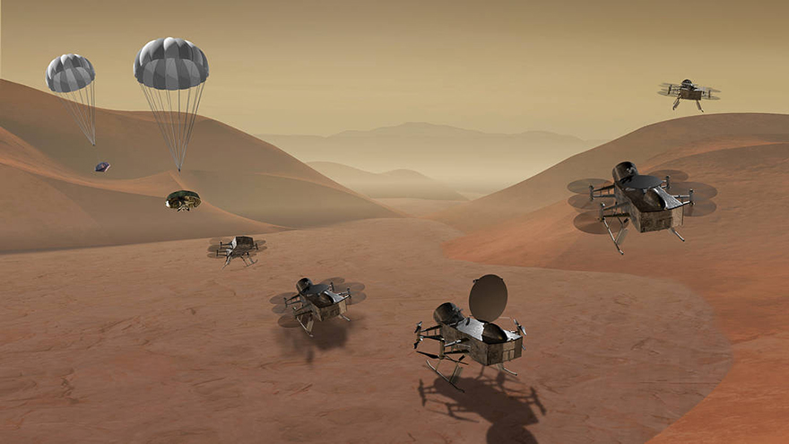 Dragonfly mission concept showing entry, descent, landing, surface operations, and flight at Titan.