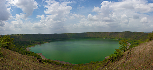 An image of the alkaline lake in the 52 000 year-old Lonar crater in India.