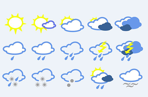 An array of symbols used on weather maps, including sunshine, clouds, rain, snow and thunderstorms.