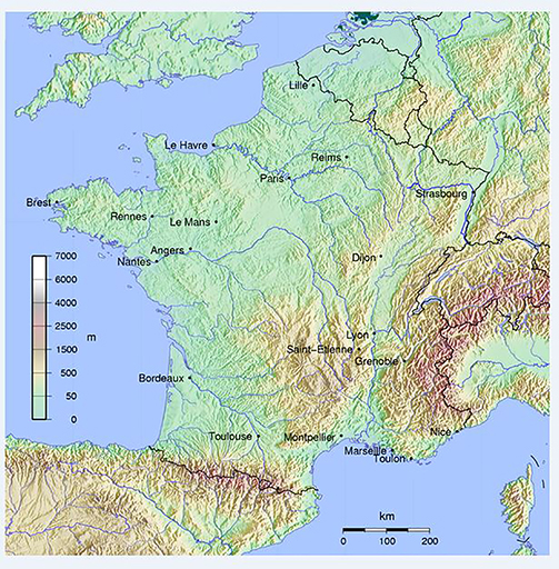 A picture of a map which shows a segment of western Europe (mainly France).