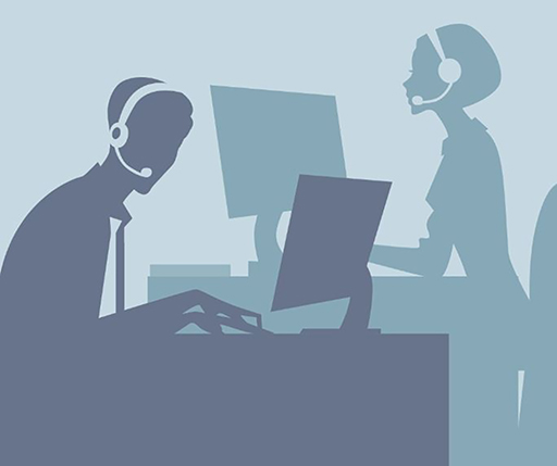 Stylised cartoon depicting the silhouettes of two people wearing headsets and working at computers.