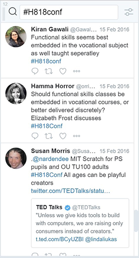 A screenshot of part of the Twitter stream for the hashtag #H818conf.