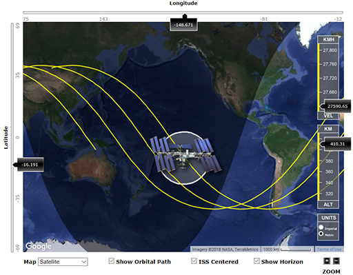 An image of a snapshot of an animation taken from the ISS tracker website.