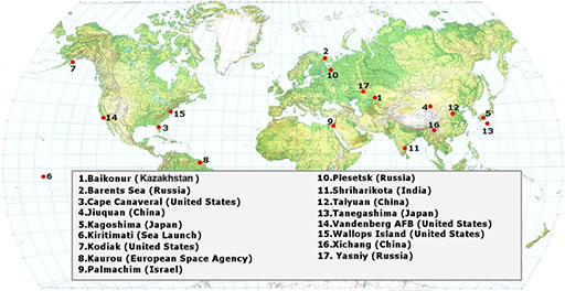 A 2 dimensional image of the worldwide rocket launch sites.