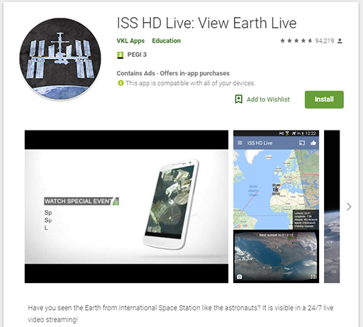 An image of a snapshot of the ISS HD Live app for Android devices.