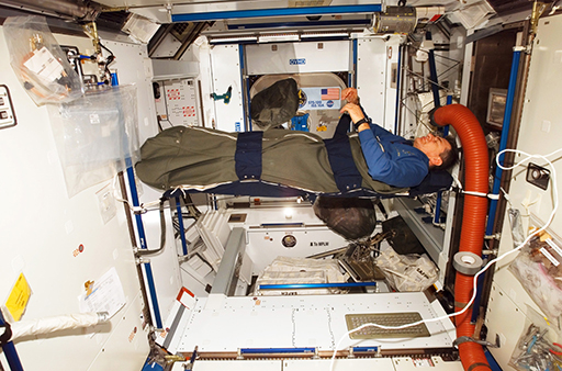 An image of an astronaut in a sleeping bag on board the ISS.