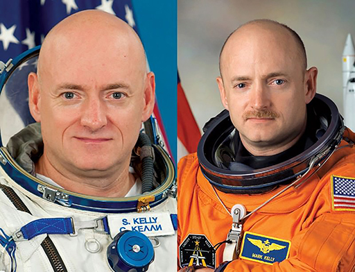 Images are two colour photographs of the NASA twins, Scott and Mark Kelly.