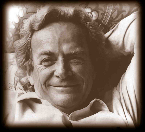 A black and white photograph of Richard Feynman.