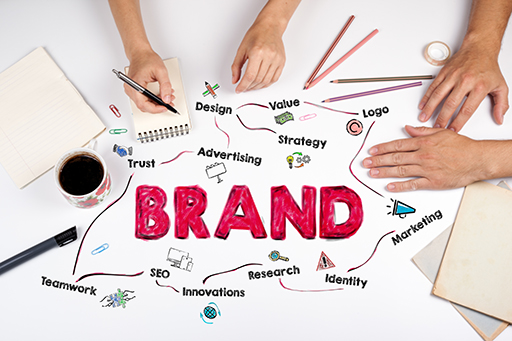 The word BRAND is written in red against a white background with associated words and drawings