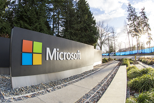 The Microsoft logo at the entrance to head office.