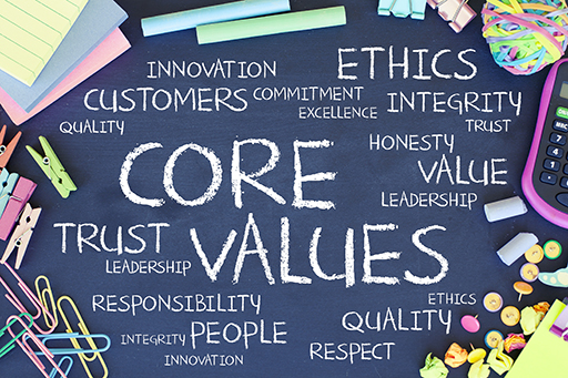 Core values is written in chalk in the centre of a board.